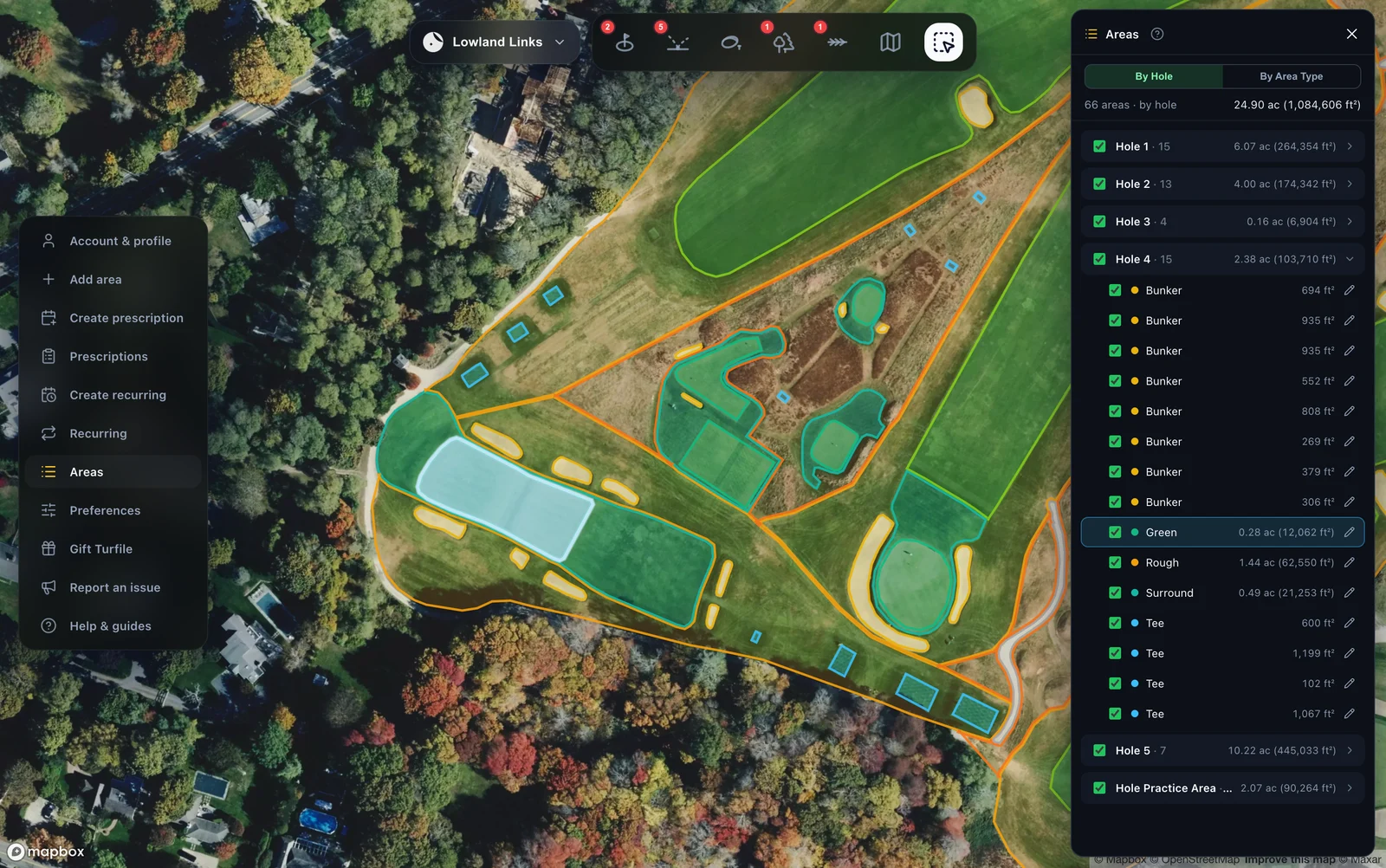 The Turfile areas ledger: every mapped surface grouped by hole with acreage and square footages