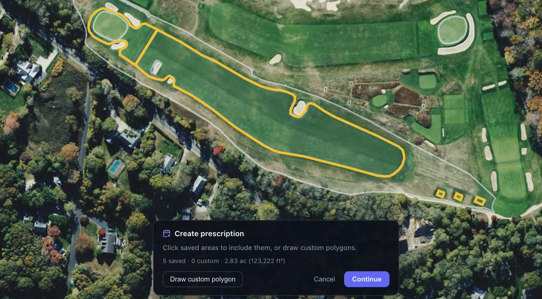 Building a prescription in Turfile by selecting saved areas, with total acreage and square footage shown