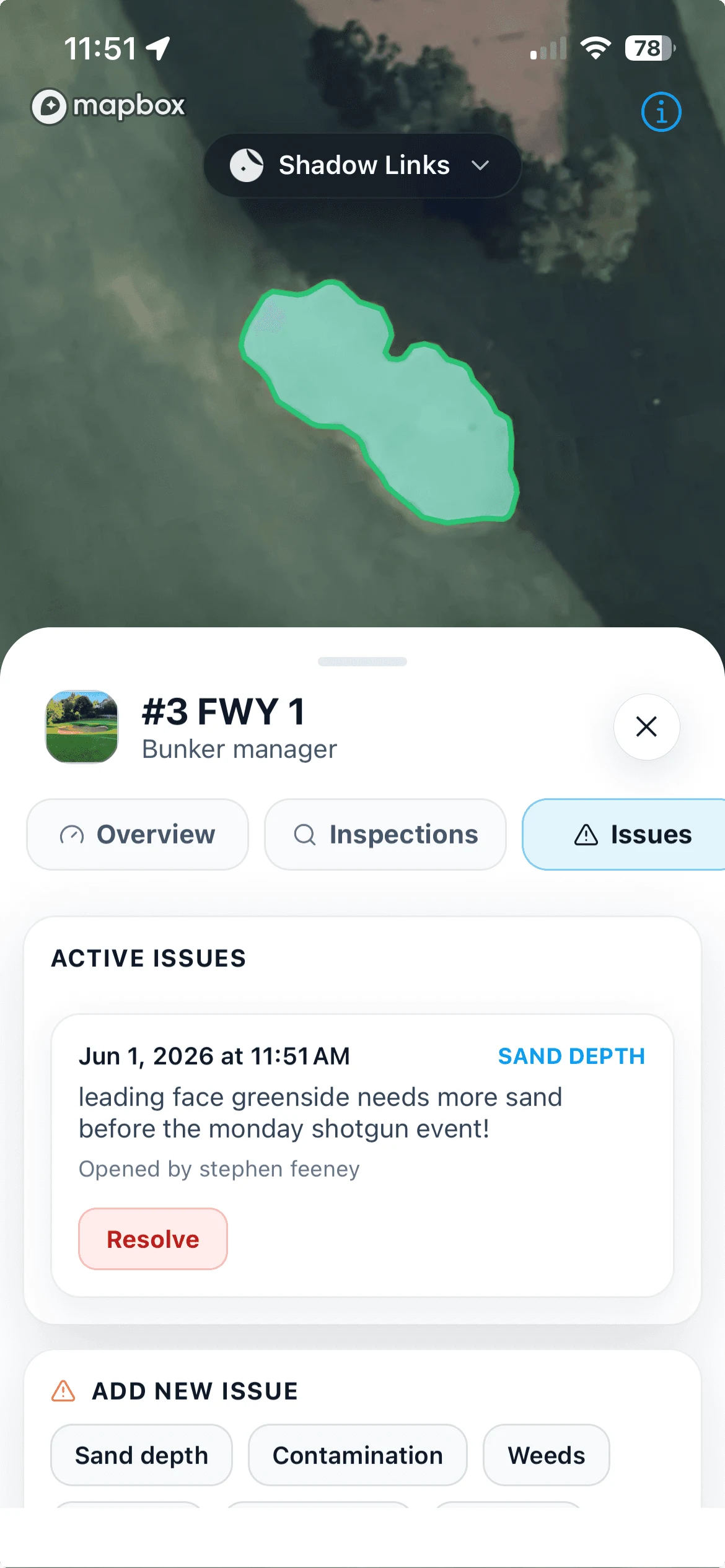 An active sand-depth issue on a mapped bunker in the Turfile mobile app
