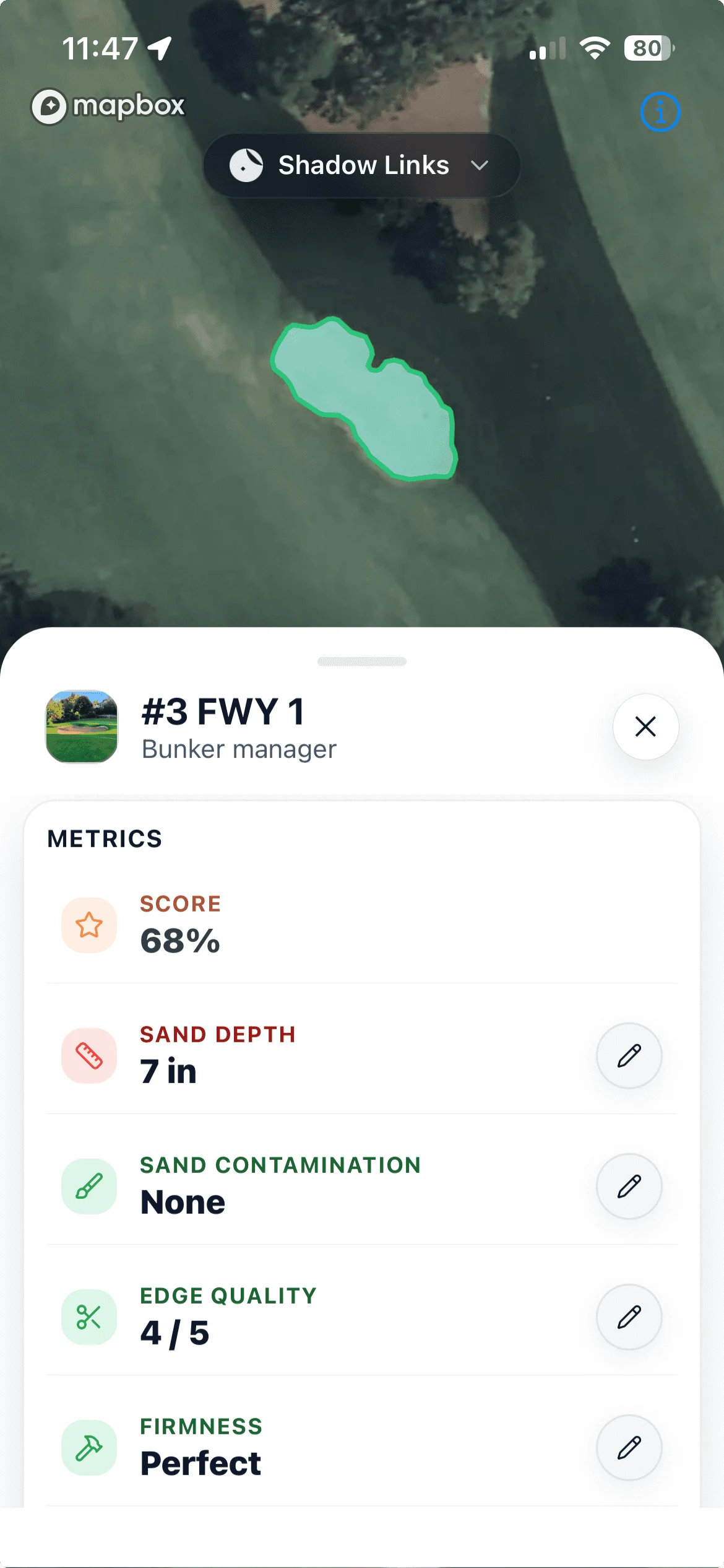 A bunker’s playability metrics, including sand depth, contamination, and edge quality, in the Turfile mobile app