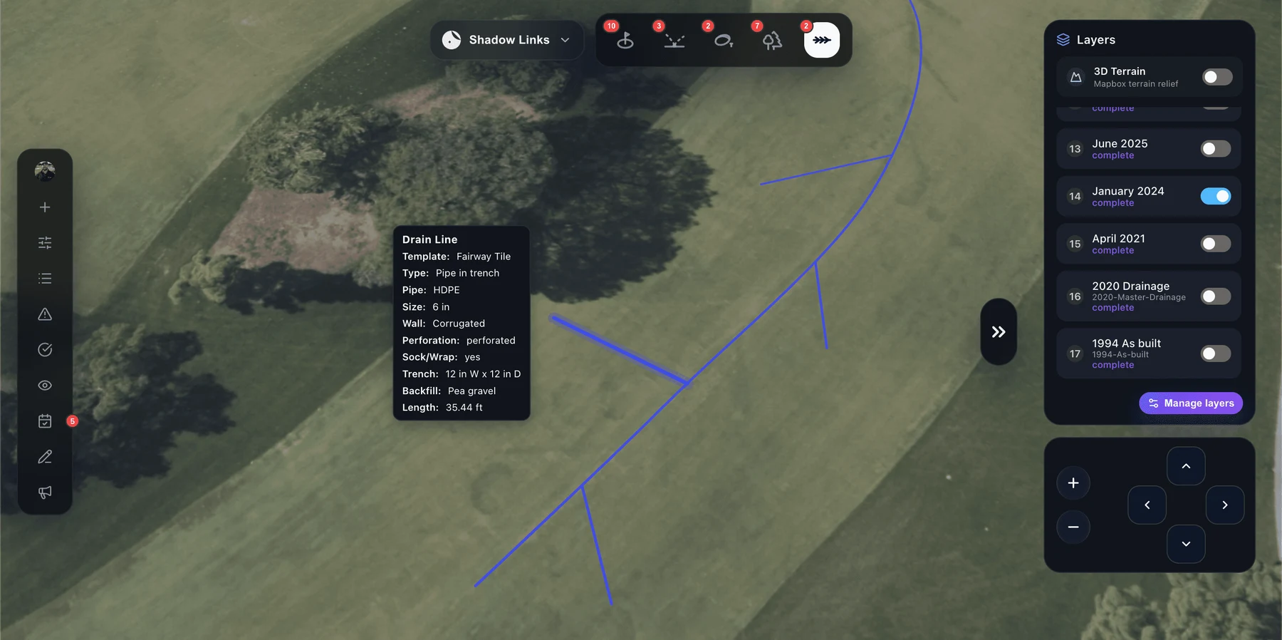 A drain line with pipe details and historical as-built layers on the Turfile map