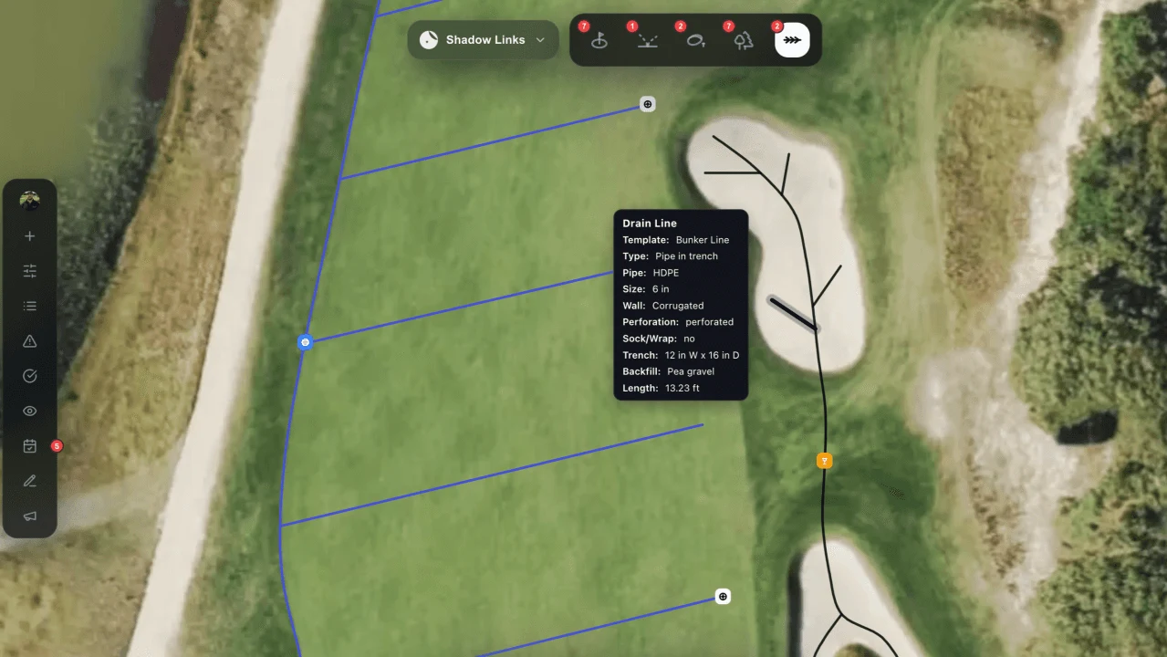 Fairway and bunker drain lines mapped on a bright satellite view