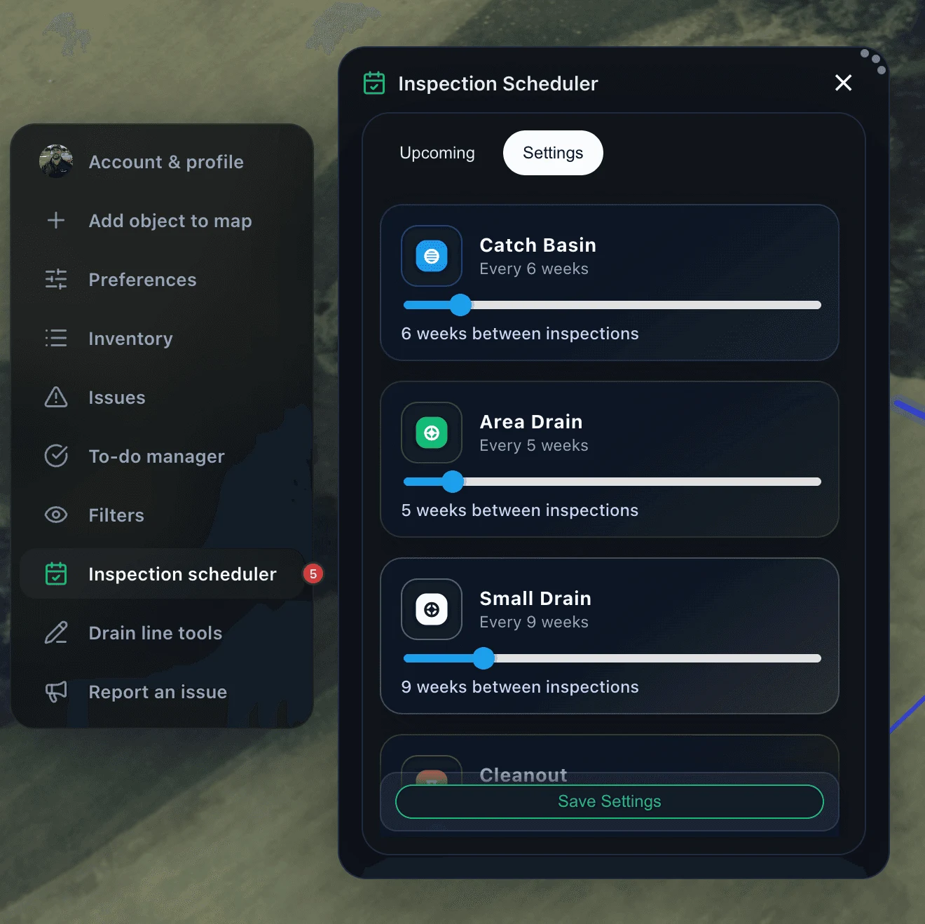 Inspection intervals for catch basins, area drains, and cleanouts in Turfile