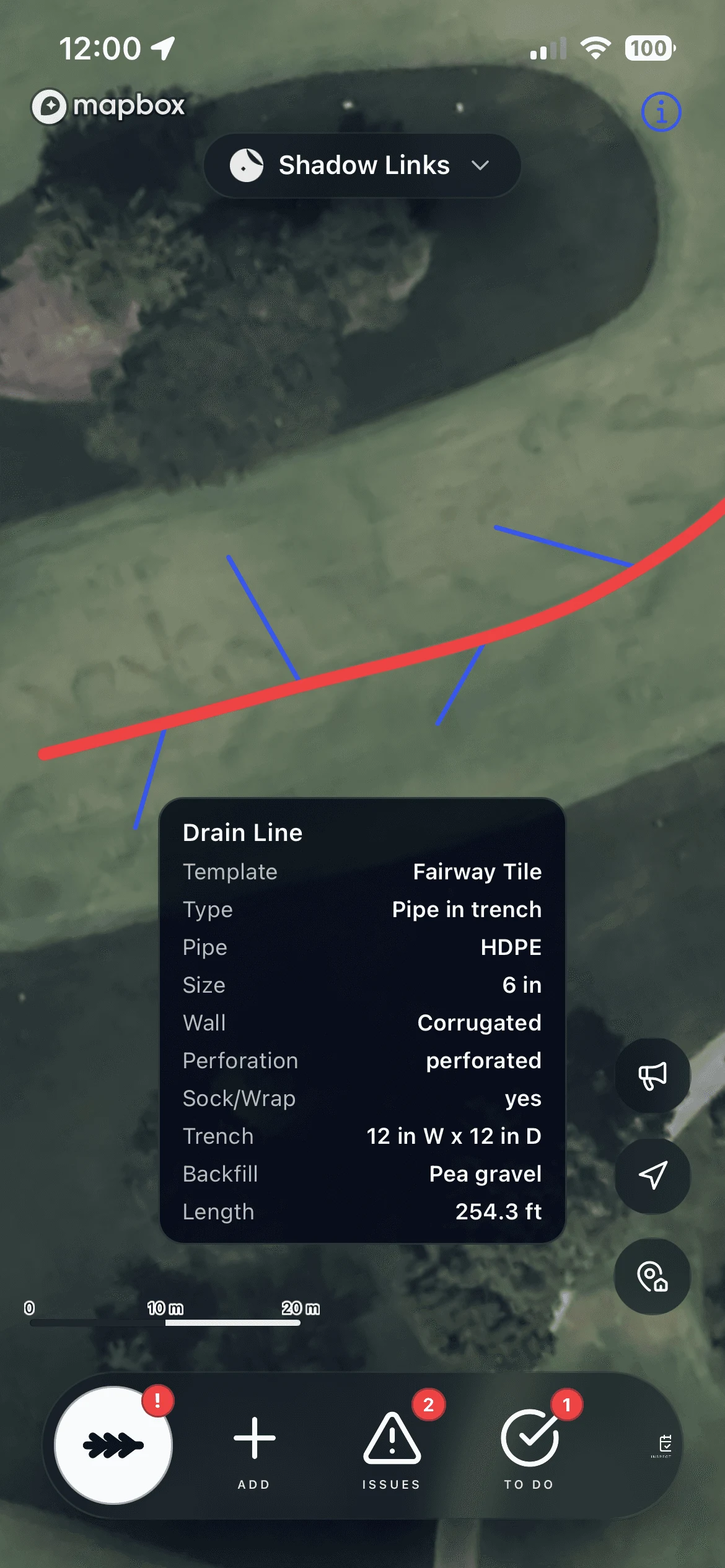 A drain line with its spec card in the Turfile mobile app