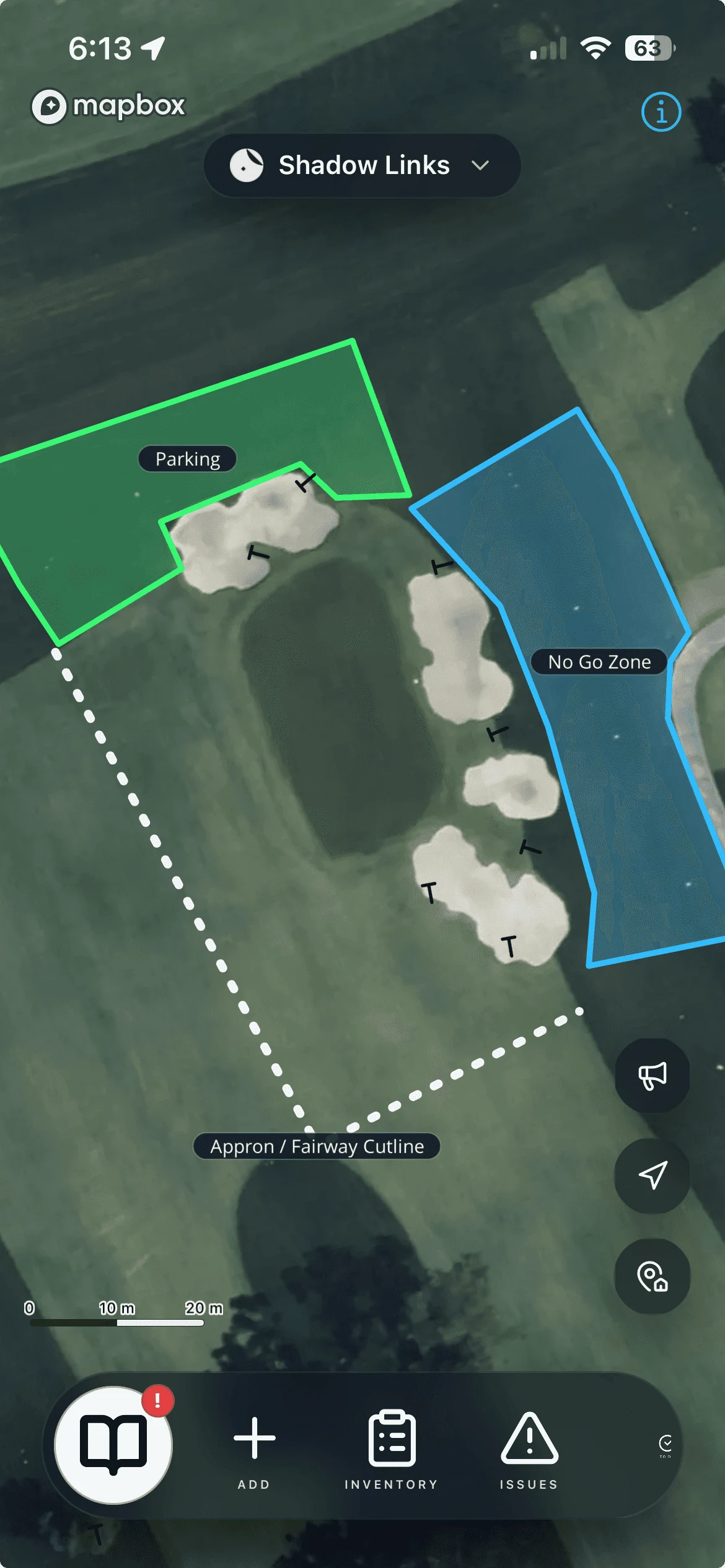 Handbook zones, rake markers, and a cutline on the course map in the Turfile mobile app