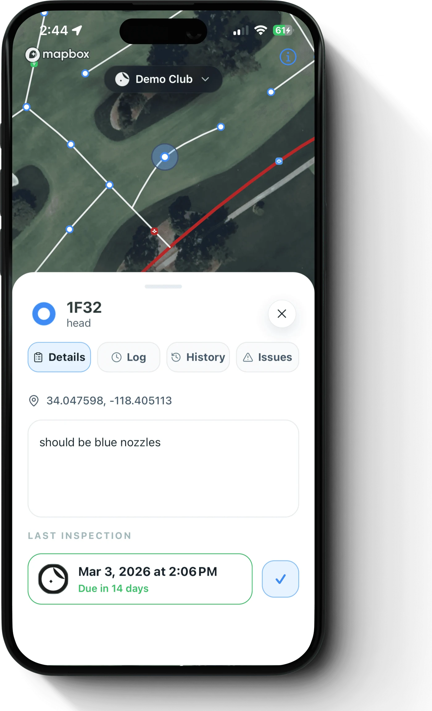 The Turfile mobile app showing an irrigation head with notes and inspection status
