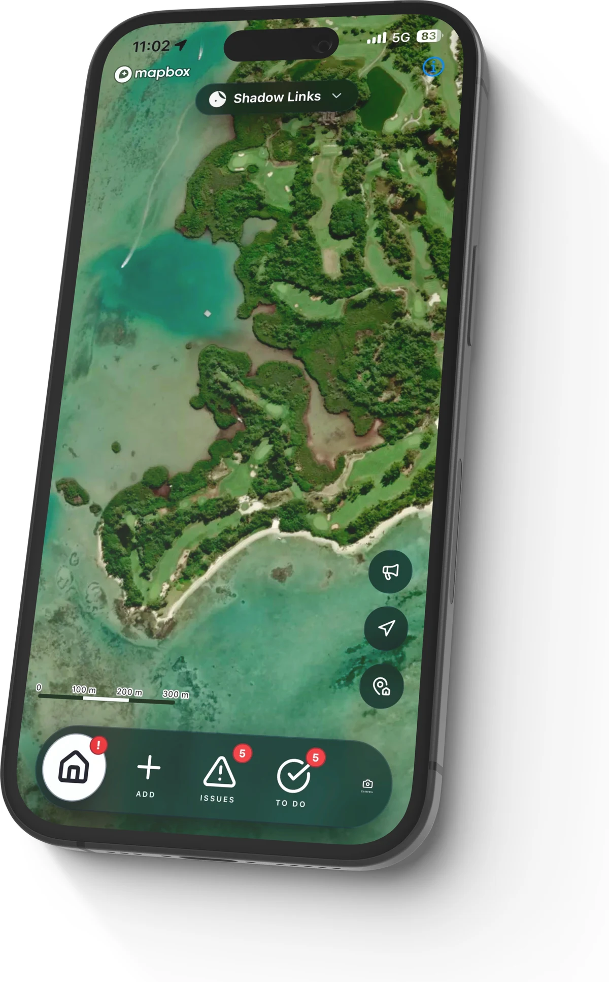 The Turfile mobile app on a phone, showing a live satellite map of a golf course