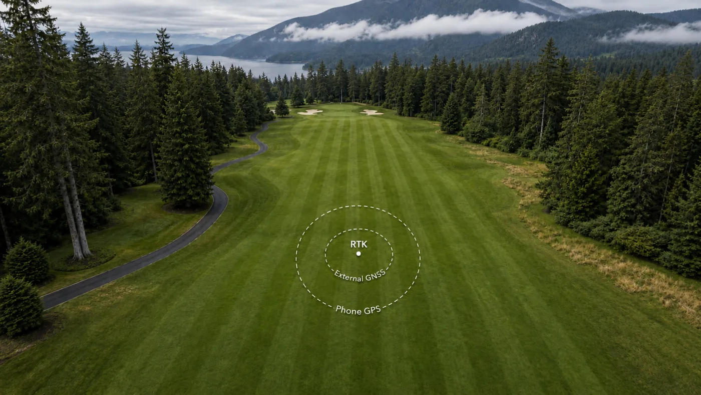 Aerial view of a fairway with concentric rings showing the accuracy of phone GPS, external GNSS, and RTK