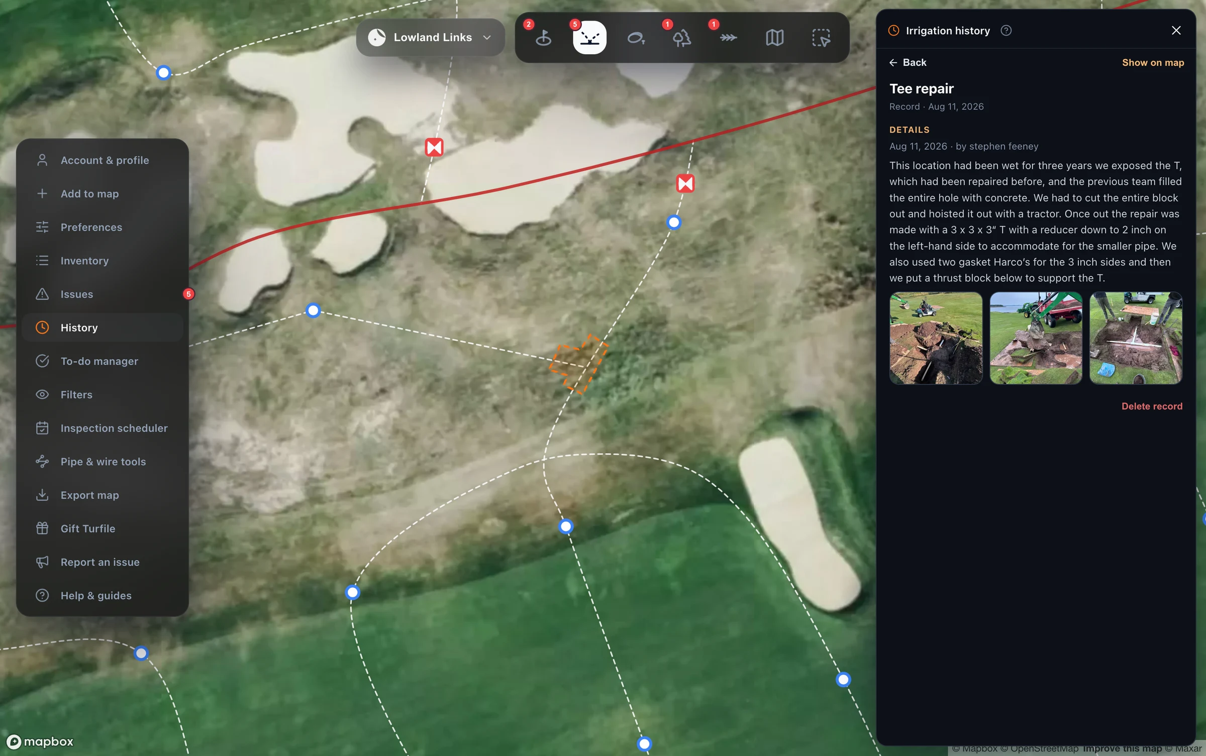 An irrigation history record in Turfile: a tee repair with full notes and photos, tied to its exact spot on the course map