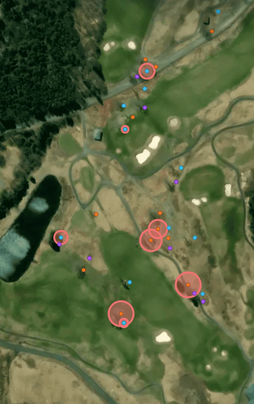 Hazard tree impact zones displayed as risk radii on the course map