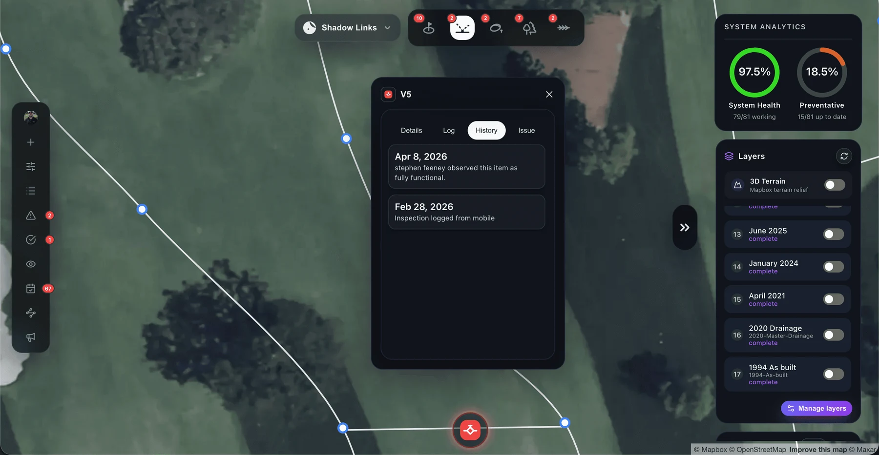 Valve inspection history alongside system health analytics in Turfile